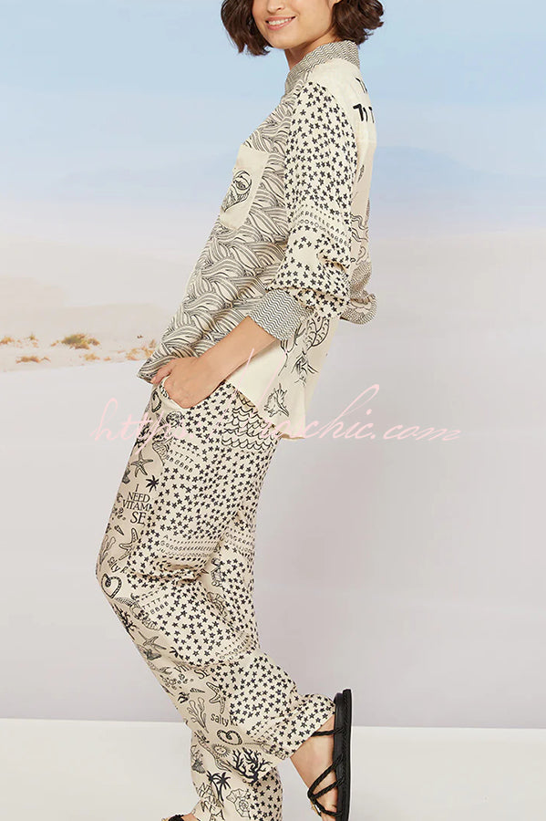 Take Me to the Ocean Satin Unique Print Long Sleeve Shirt and Elastic Waist Pocketed Pants Set