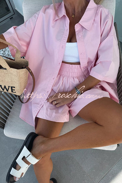 Summer Loose Short-sleeved Shirt and Elastic High Waist Shorts Set