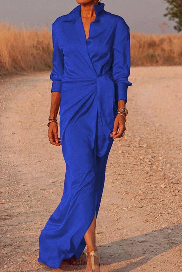 Red Satin Wrap Shirt Maxi Dress Qb034
