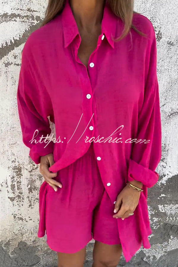 Color Lapel Long Shirt and Elastic Waist Loose Pocket Shorts Set