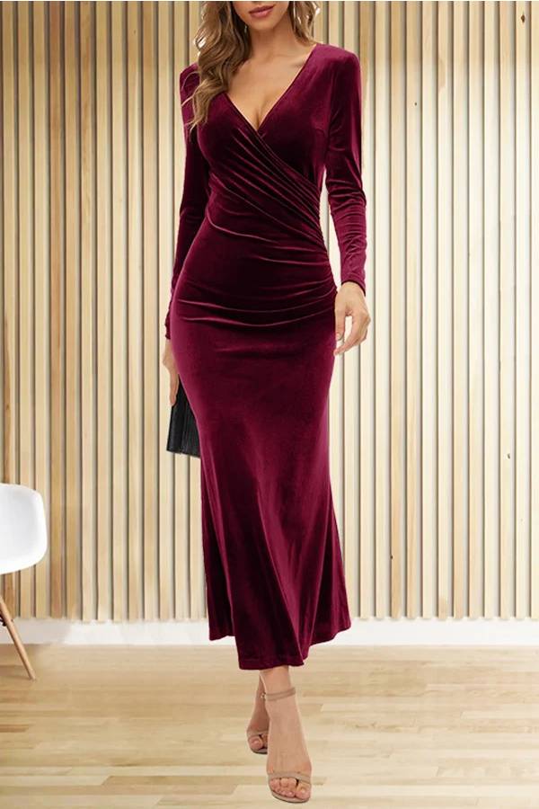 Velvet Long Sleeve V Neck Slim Fit Fishtail Maxi Dress