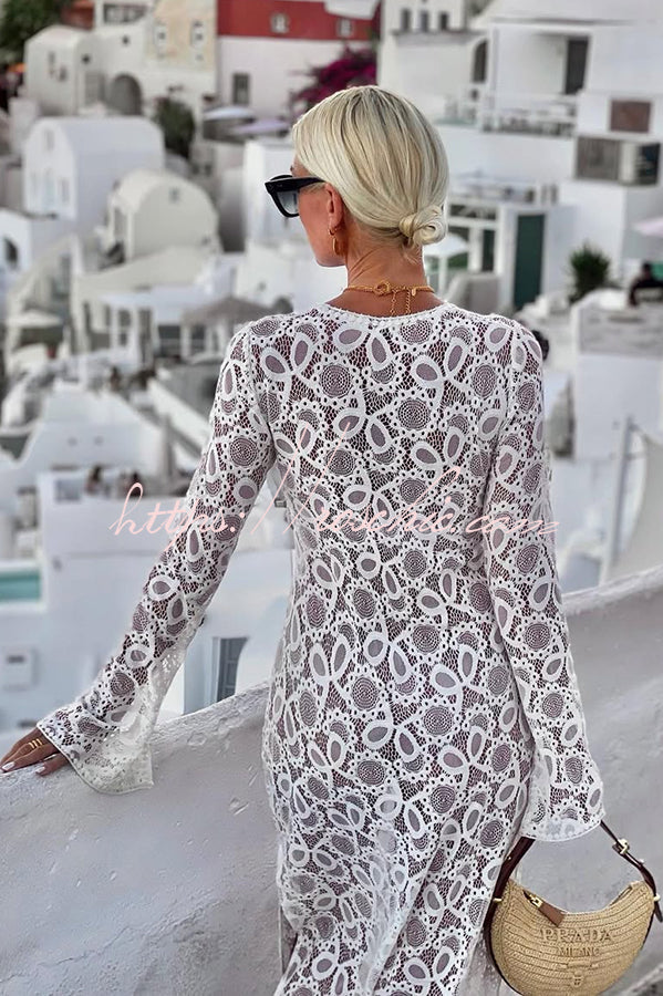 Santorini Sunset Lace Long Sleeve Slit Vacation Maxi Dress