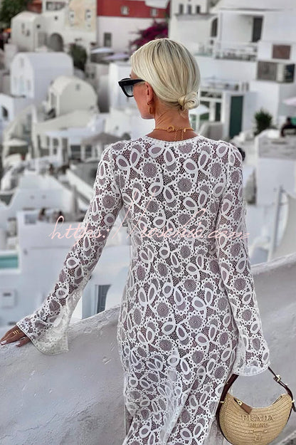 Santorini Sunset Lace Long Sleeve Slit Vacation Maxi Dress