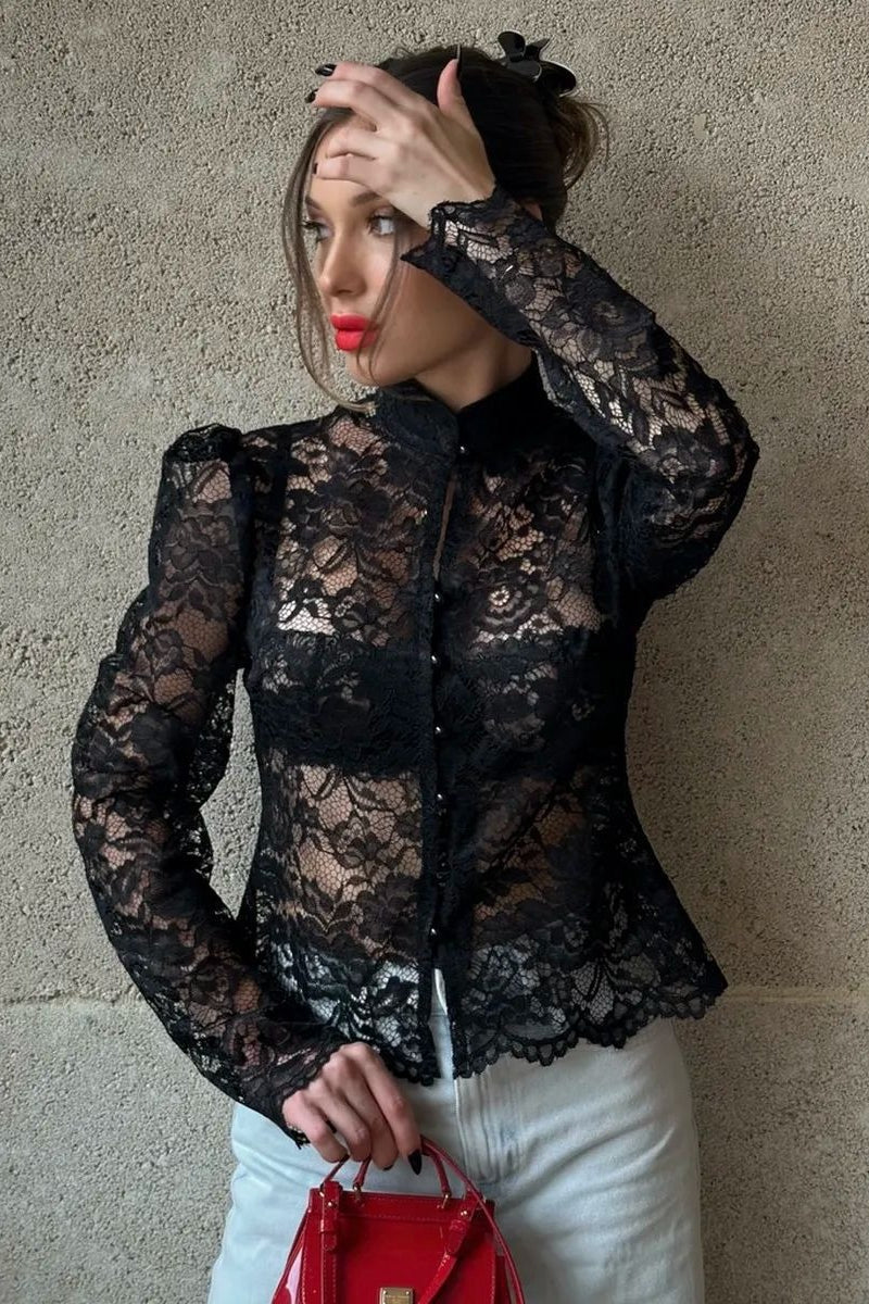 Lace Puff Sleeve Stand Collar Blouse
