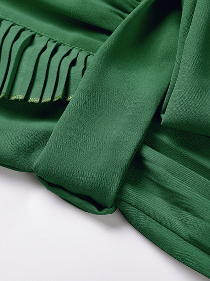 Loose Sleeveless Pleated Color Split-joint Tied Waist V-neck Maxi Dresses