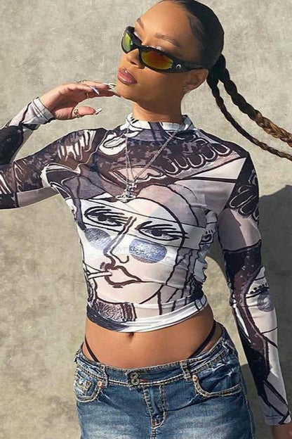 Sheer Mesh Print Round Neck Long Sleeve Blouse