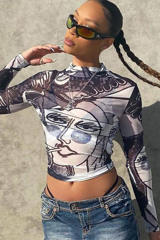 Sheer Mesh Print Round Neck Long Sleeve Blouse
