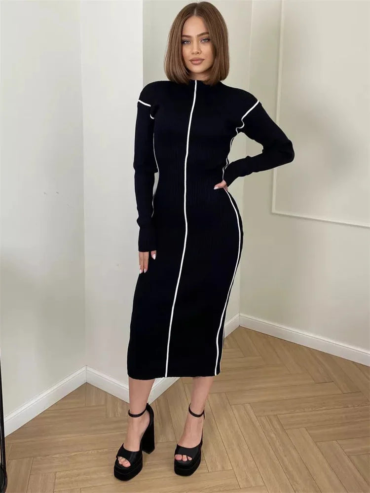 Patchwork Knit Maxi Dress for Contrast Ribbed High Waist Slim Party Dress Female Knitwear Long Dress
