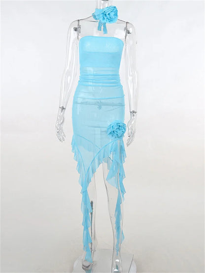 Mesh Ruffle Appliques Party Dress Outfits Cover-up Midi Dresses Ruffled Clubwear Side Slit Bodycon Maxi Strapless Vestidos
