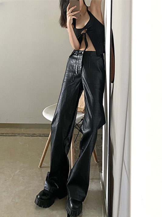 Autumn Black Crocodile Texture Leather Zipper High Waist Y2k Pants
