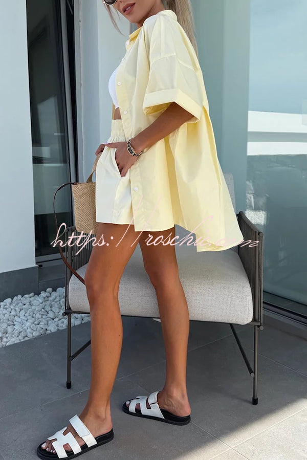 Summer Loose Short-sleeved Shirt and Elastic High Waist Shorts Set