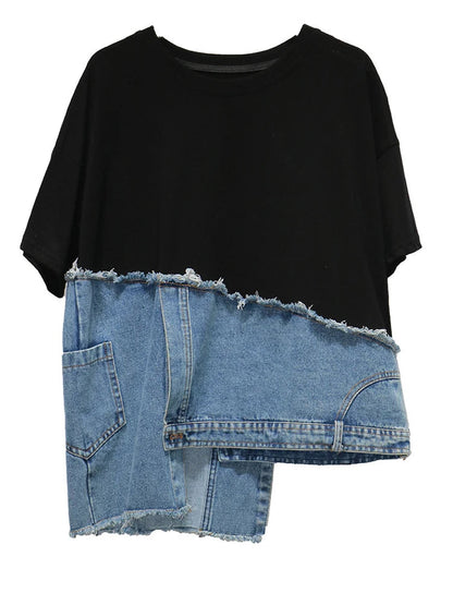 Denim Street Patchwork Sleeve White Short T-shirt O-neck Hem