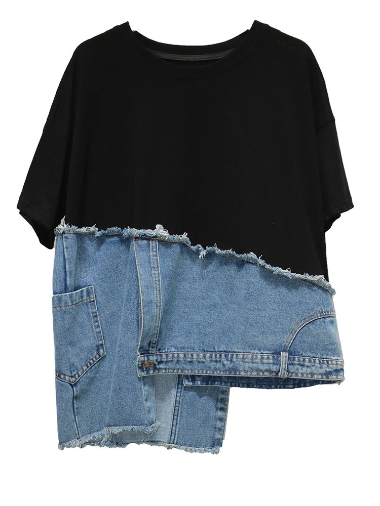 Denim Street Patchwork Sleeve White Short T-shirt O-neck Hem