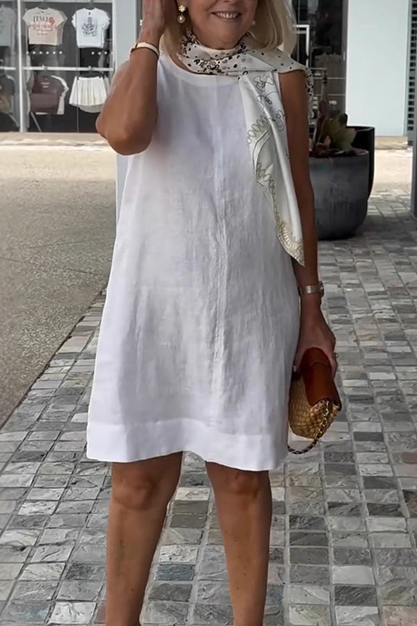 Linen Blend Color Crew Neck Sleeveless Mini Dress