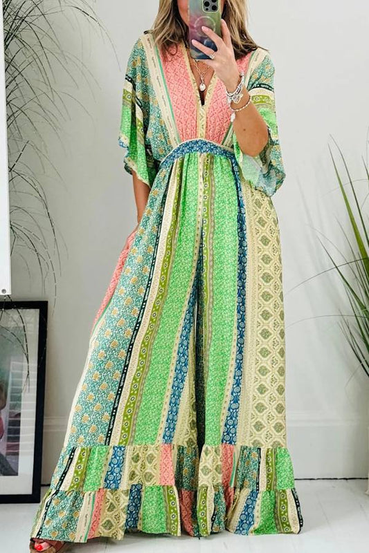 Last Queen Retro Flare Sleeve Pocketed Loose Wide Leg Jumpsuit