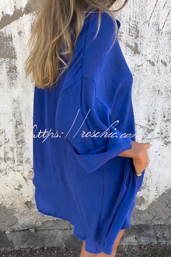 Color Lapel Long Shirt and Elastic Waist Loose Pocket Shorts Set