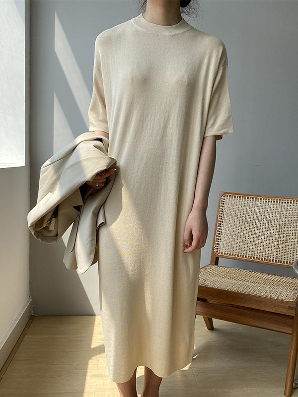 Temperament Round-neck Mauve Split-joint Short Sleeve Sweater Dress An1057