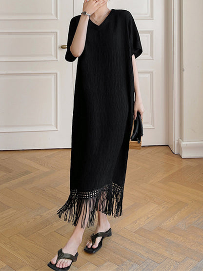 Loose Short Sleeves Color Split-joint Tasseled V-neck Midi Dresses