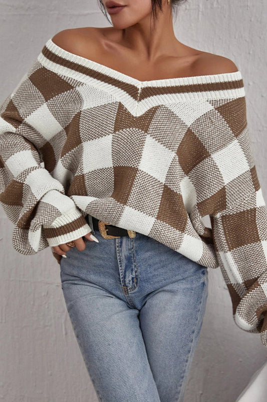 Plaid V-neck Loose Long Sleeve Knit Sweater