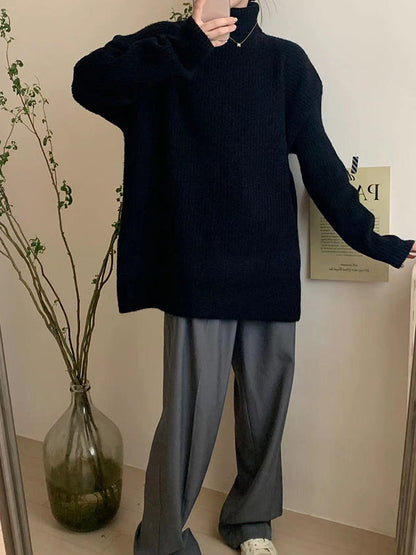 Simple Blue High Neck Split-side Long Sleeve Sweater Qx013