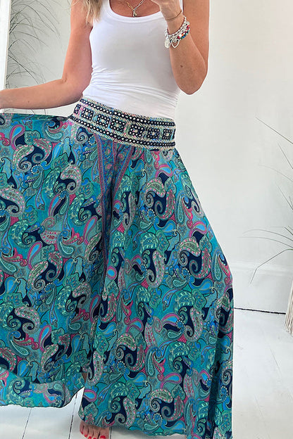 Paisley Print Elastic Patchwork Waist Lightweight Pants