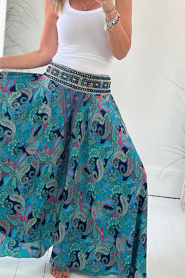 Paisley Print Elastic Patchwork Waist Lightweight Pants
