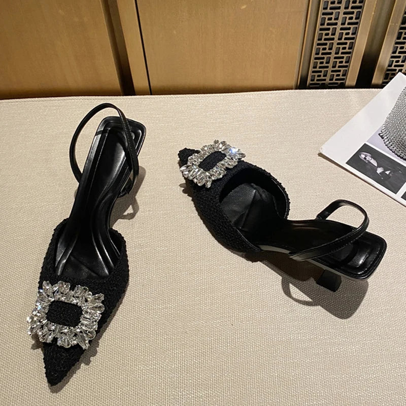 Crystal Buckle Pointed Toe Low Thin Heels Wedding Prom Shoes Wool Pumps Sandals