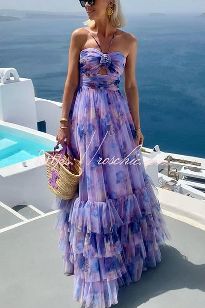 Dreamy Clouds Tulle Printed Rose Detail Cutout Ruffles Tiered Halter Maxi Dress
