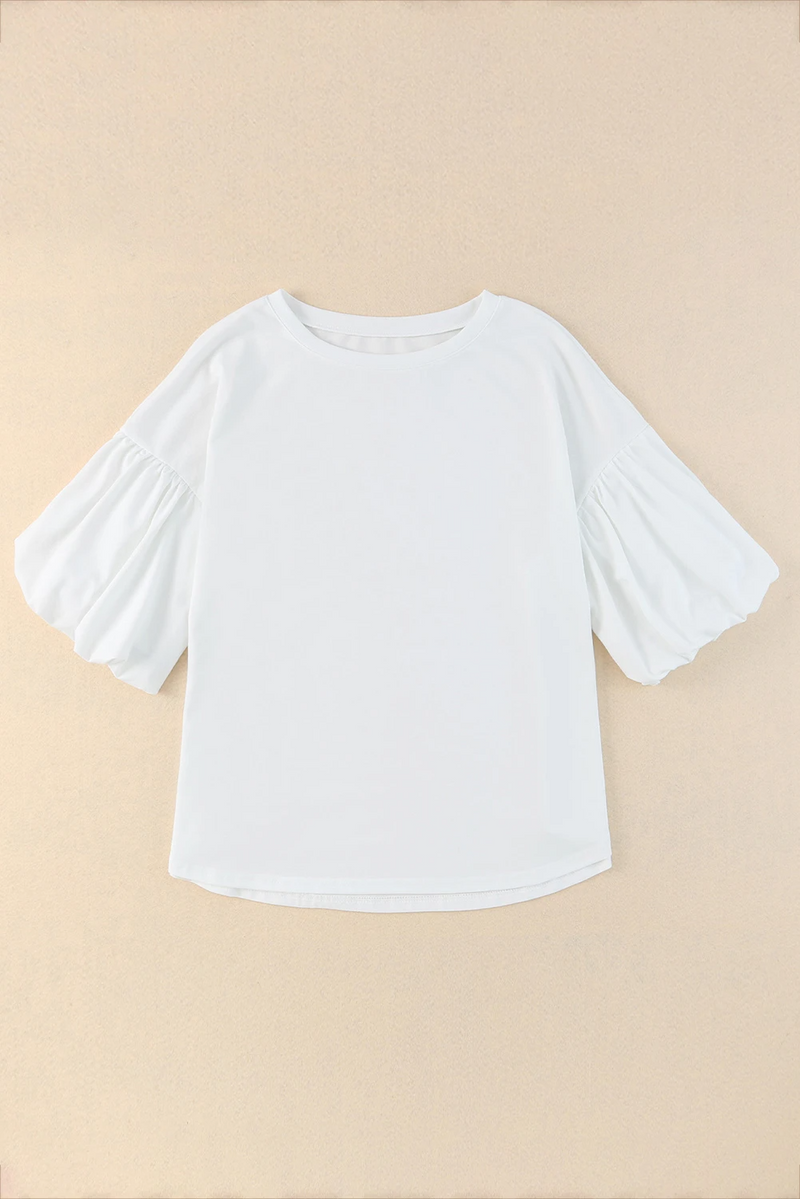 White Color Bubble Sleeve Blouse