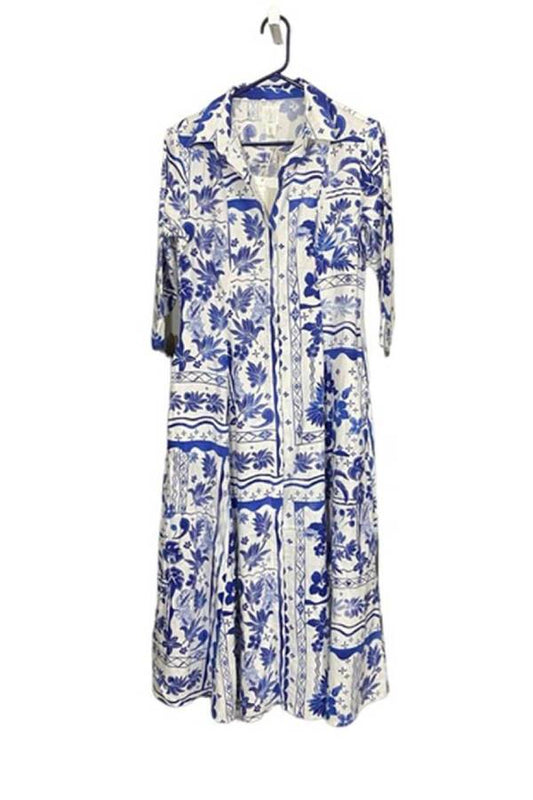 Unique Greek Print Button-front Midi Dress