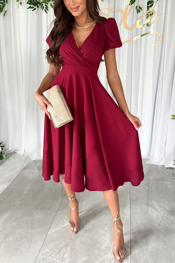 Zayla Color Puff Sleeve V-neck Waist Slim Fit Midi Dress