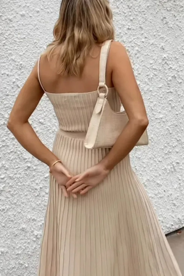 Tube Top Slim High Waist Sling Knitted Dress Seaside Vacation Pleated Long Skirt