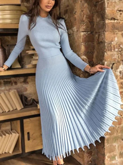 Ribbed Pleated Knit Dress Loose Patchwork Long Sleeve Dress High Waist Knitwear Female Autumn Maxi Dress New