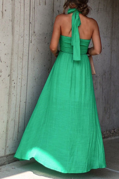 Elmhurst Green Pleated Halterneck Maxi Dress