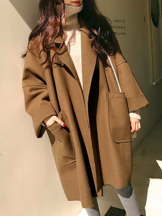 Loose Khaki Notched Collar Buttoned Pockets Long Sleeves Woolen Coat Ws013