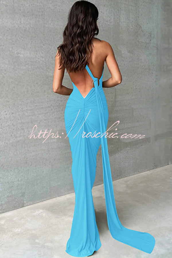 Backless Pleated Slim Color Sleeveless Maxi Dress