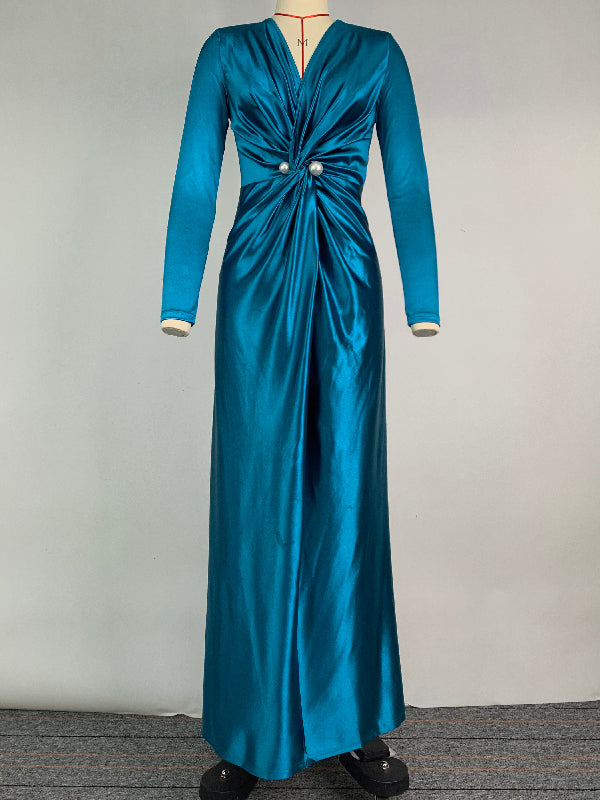 Color Bodycon Long Sleeves Pleated Split-front Tied Waist Deep V-neck Maxi Dresses