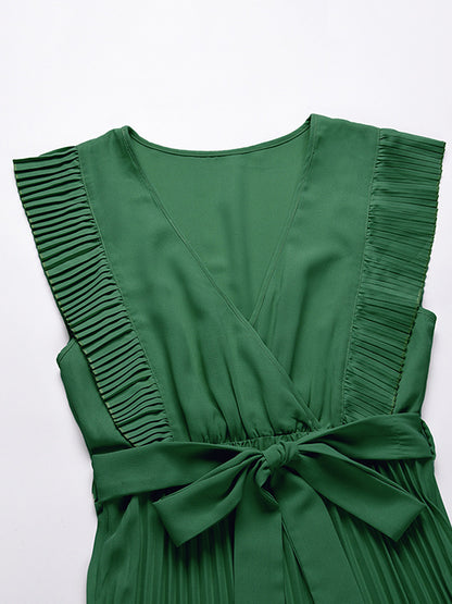 Loose Sleeveless Pleated Color Split-joint Tied Waist V-neck Maxi Dresses