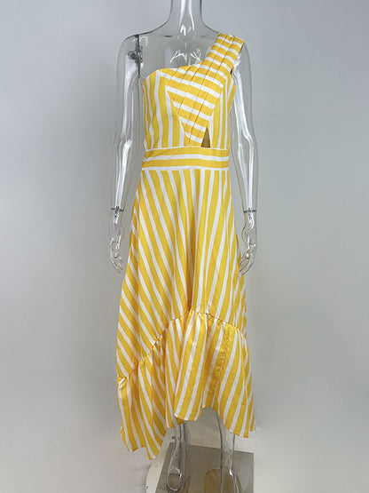 High Waisted Loose Asymmetric Hollow Pleated Pockets Split-joint Striped Zipper One-shoulder Midi Dresses