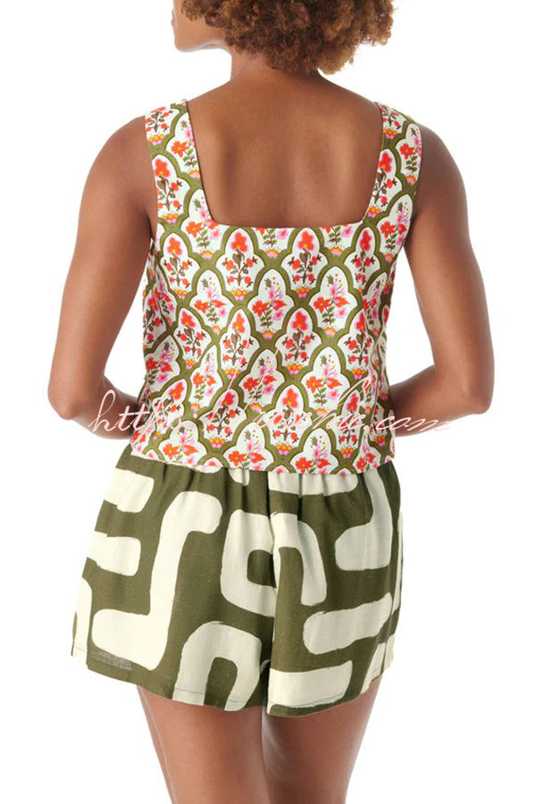 Vacation Linen Blend Unique Print Square Tank and Elastic Waist Pocketed Shorts Set