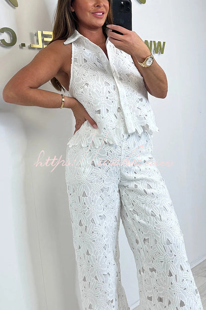 Delighted Embroidery Hollow Lace Shirt-neck Vest and Wide Leg Pants Set