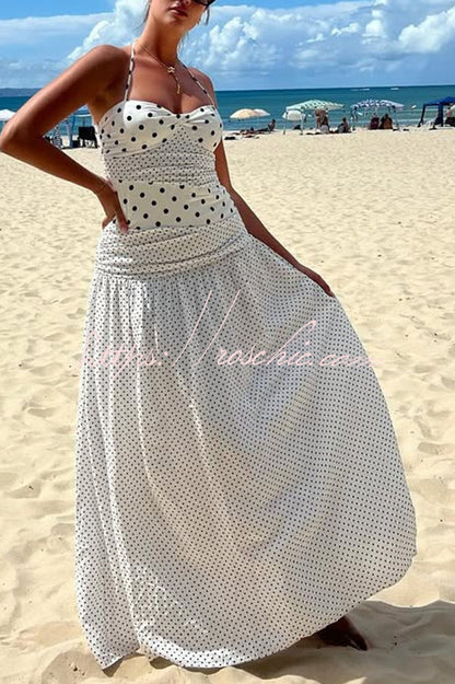 Polka Dot Print Halterneck Tie-stitched Slim Maxi Dress