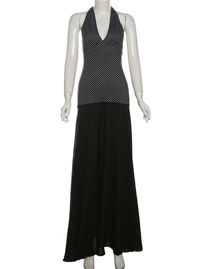 V-neck Summer Maxi Dress for Contrast Patchwork See-through Dress Slim Backless Lace-up Long Dress