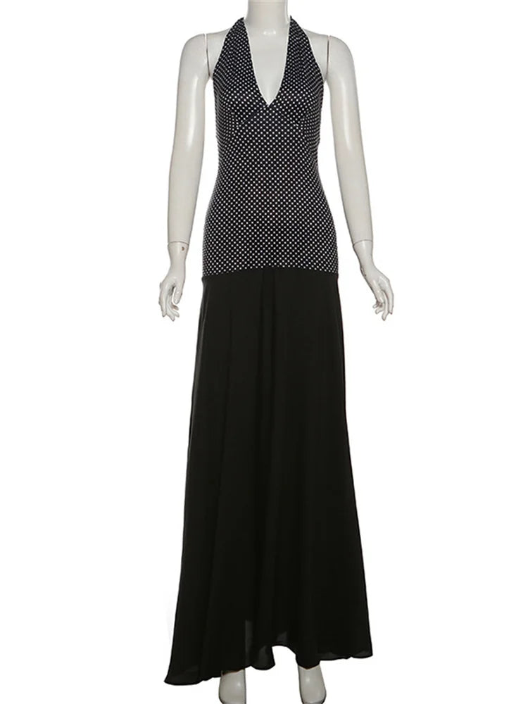 V-neck Summer Maxi Dress for Contrast Patchwork See-through Dress Slim Backless Lace-up Long Dress