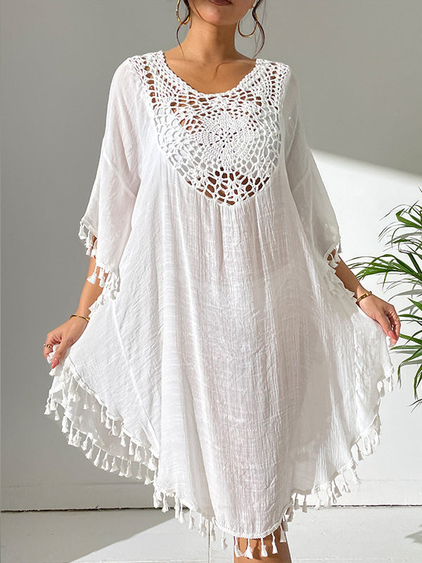 Batwing Sleeves Loose Hollow Color Sun Protection Tasseled Round-neck Cover-ups Tops Midi Dresses