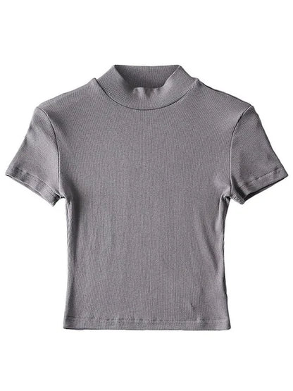 High Neck Fitted Short Sleeve T-shirt Rib Crop Rib Top