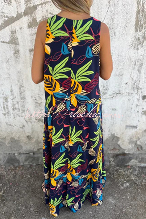 Botanical Print V-neck Pocket Loose Maxi Dress