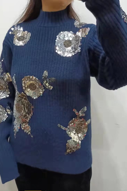 Turtleneck Loose-fitting Sequined Pattern Long Sleeve Knitted Sweater
