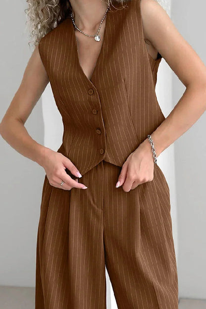 Retro V-neck Striped Two-piece Set