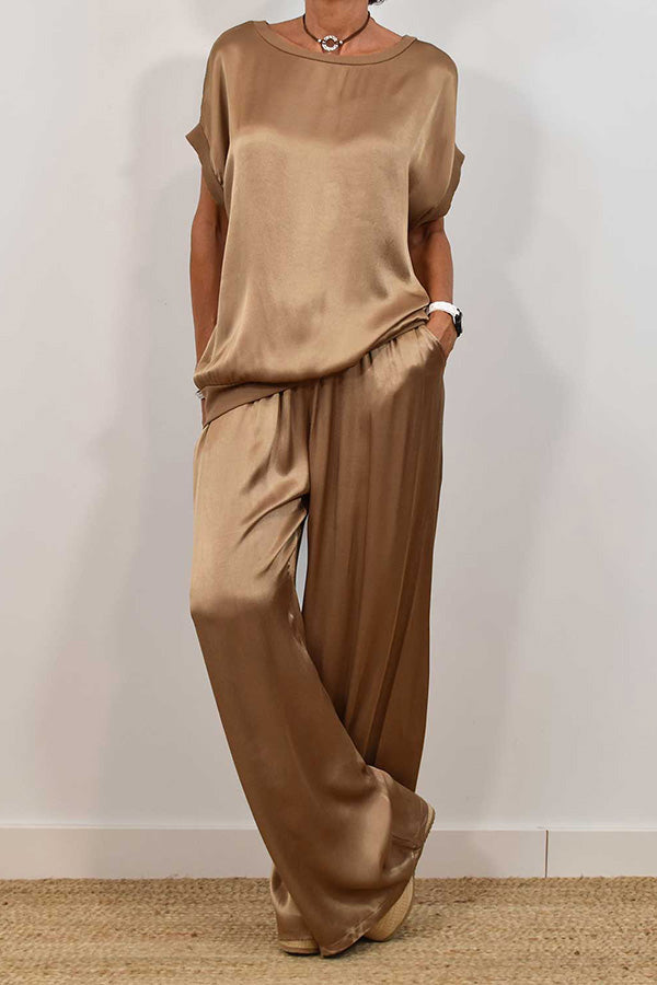 Satin Color Loose Short-sleeved Top and Elastic Waist Lace-up Pocket Wide-leg Pants Set